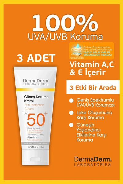 DermaDerm SPF50+ Sunscreen - 100Ml 3 Pieces and 250Ml 1 Piece Dermaderm Radiant Moisturizer
