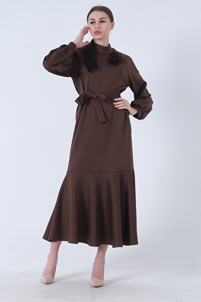 Feminist Crew Neck Waist Belted Dress Brown4593266