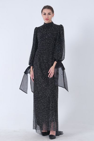 Feminist Stone Embroidered Judge Collar Bow Hijab Evening Dress Black6502462