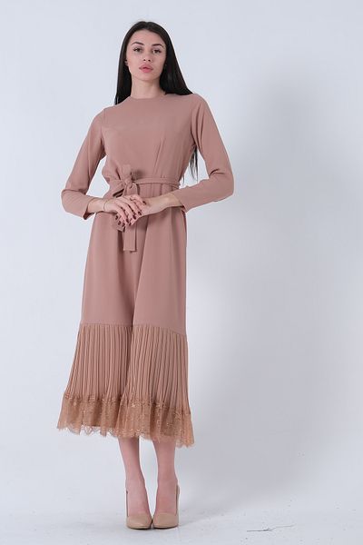 Feminist Skirt Pleat and Lace Detailed Crepe Dress Beige31061400