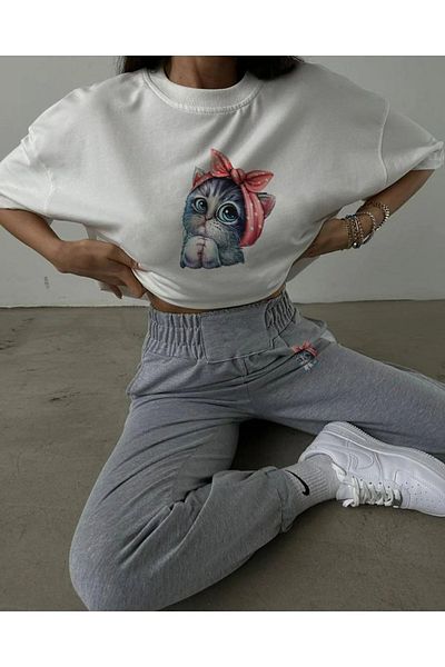 LUNAVISTA Little Cat Printed Cute Tracksuit Set - Jogger T-Shirt and Sweatpants