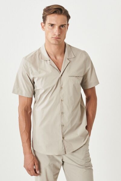 ALTINYILDIZ CLASSICS Ανδρικό πουκάμισο με κοντό μανίκι μπεζ με στενή εφαρμογή