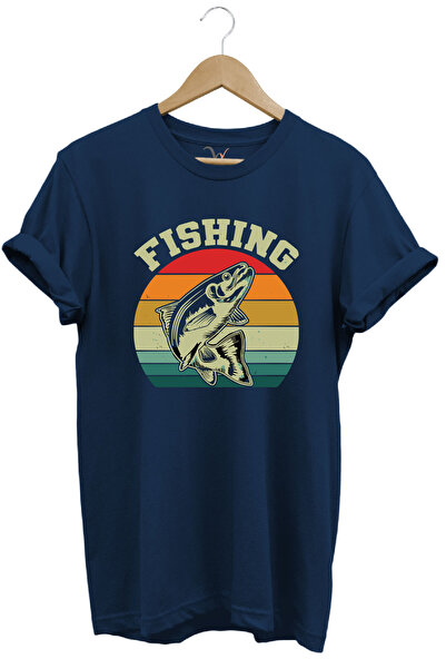 WİDİ Tricou Fishing Fisherman Written Summer Regular Fit 100% bumbac bleumarin