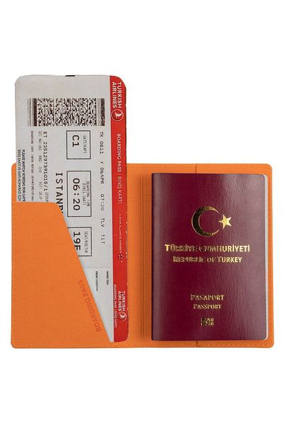 Smyrna Acar Mira Thermo Δερμάτινη θήκη διαβατηρίου με στάμπα Θήκη διαβατηρίου Ταξιδιωτικό πορτοφόλι πορτοκαλί