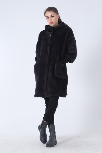 Feminist Gold Düğmeli Kapüşonlu Yün Peluş Kaban Siyah 44510388