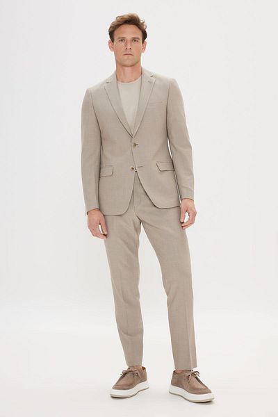 ALTINYILDIZ CLASSICS Men's Beige Slim Fit Narrow Cut Mono Collar Seersucker Patterned Suit