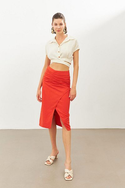 STELLA PULVIS Linen Midi Skirt - Red and Gathered
