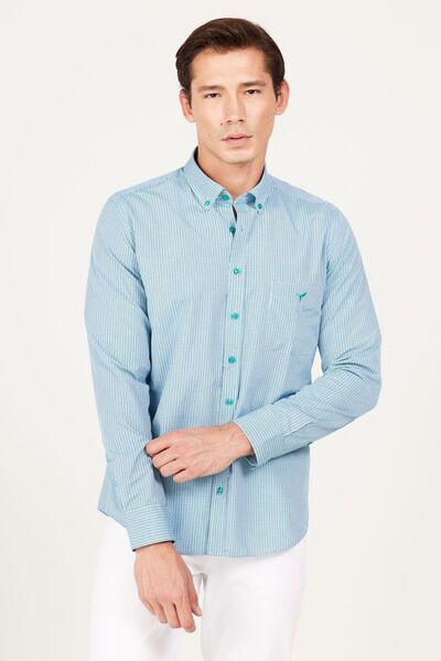 AC&Co / Altınyıldız Classics Ανδρικό μπλου-πράσινο μπλουζάκι με λεπτή εφαρμογή γιακά με λογότυπο με λογότυπο βαμβακερό πουκάμισο με ρίγες