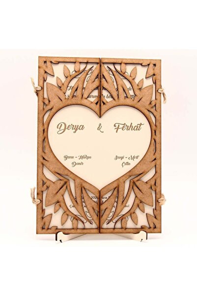 Mekece Ahşap Düğün Davetiyesi Kalp Desenli Davetiye Modelleri | AHD-3005 - 10 Adet
