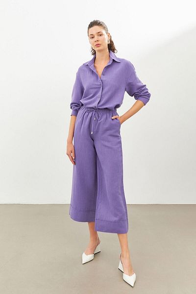 STELLA PULVIS Purple Linen High Waist Trousers with Elastic Waist