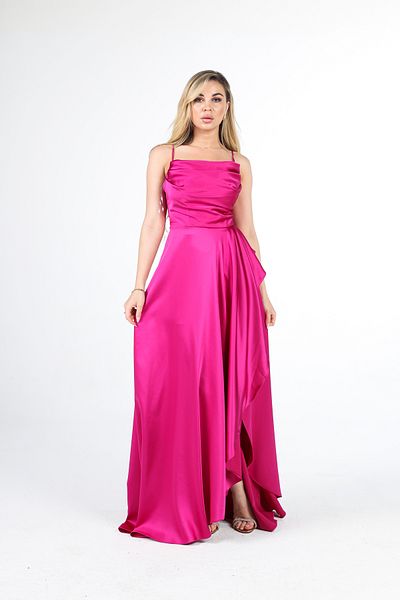 Feminist Slit Detailed Satin Evening Dress Fuchsia4522348