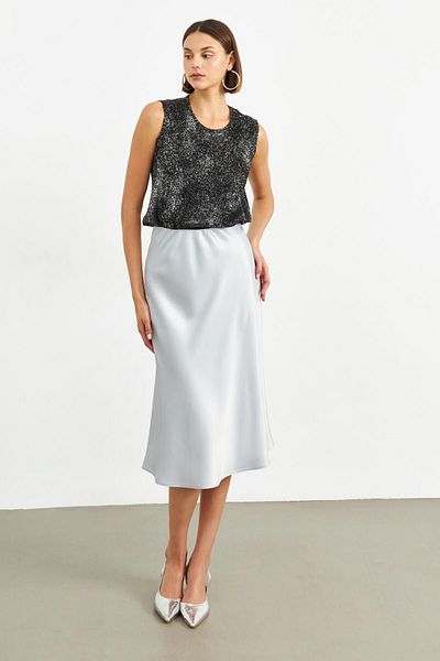 STELLA PULVIS Gray Elastic Waist Midi Satin Skirt
