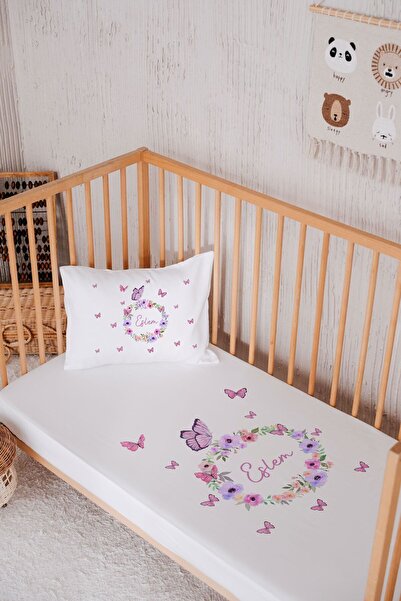 Lilabio İsme Özel %100 Pamuk Park Yatak Çarşaf Seti (120X180) Çiçekler Kelebe...