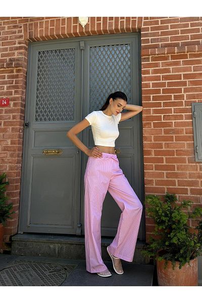 Juste Studio Stripe Pattern Poplin Pink Loose Trousers