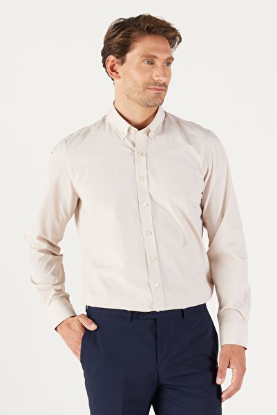 AC&Co / Altınyıldız Classics Férfi bézs vékony szabású keskeny szabású oxfordi gombos gallér Gingham pamut ing