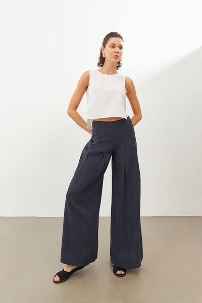 STELLA PULVIS Navy Blue Pleated High Waist Modal Palazzo Pants