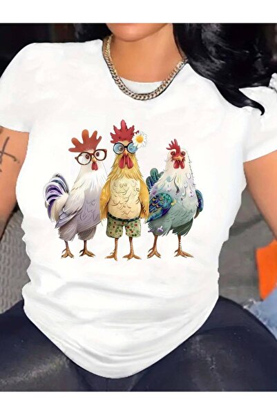 GALASHOP Tavuk Desenli Yuvarlak Yaka Spor T-shirts