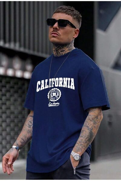 HIRSCH تي شيرت كبير الحجم مطبوع عليه كاليفورنيا باللون الأزرق الداكن للجنسين