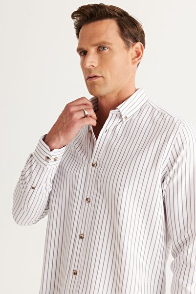 AC&Co / Altınyıldız Classics Men's White Camel Slim Fit Narrow Cut Classic Collar Cotton Striped Shirt
