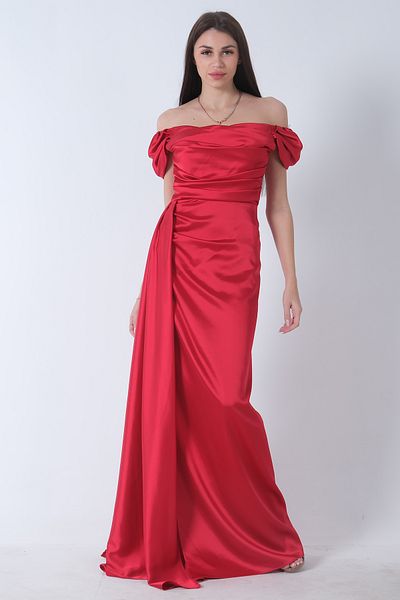 belamore Drape Detailed Satin Fabric Evening Dress Red9704858