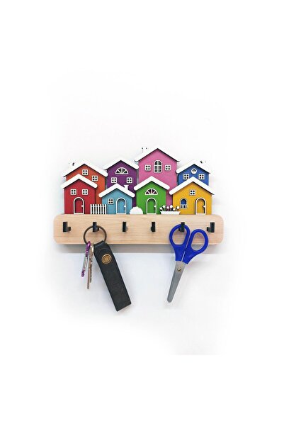 CajuArt Yanyana Renkli Evler Ahşap Dekoratif Duvar Askısı Anahtarlık Modern Dekor