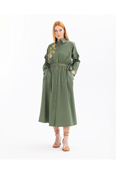 SEÇİL NAKIŞLI CEP DETAYLI DÜĞMELİ ELBİSE-Haki - 40