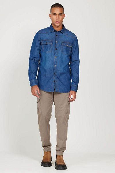 AC&Co / Altınyıldız Classics Cămașă albastră pentru bărbați, slim fit, slim fit, guler ascuns cu nasturi, 100% bumbac