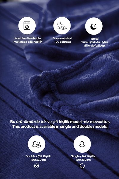 Evlen Home Collection Mayer Supersoft Dark Blue Double Soft Blanket Bedspread - 180x230 Cm