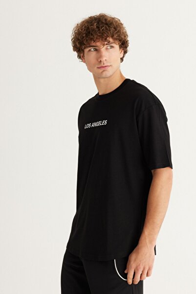 AC&Co / Altınyıldız Classics Erkek Siyah Oversize Fit %100 Pamuk Bol Kesim Bisiklet Yaka Los Angeles Baskılı Tişört