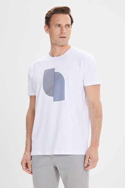 ALTINYILDIZ CLASSICS Λευκό ανδρικό μπλουζάκι με ελαστική βαμβακερή λαιμόκοψη με λεπτή εφαρμογή