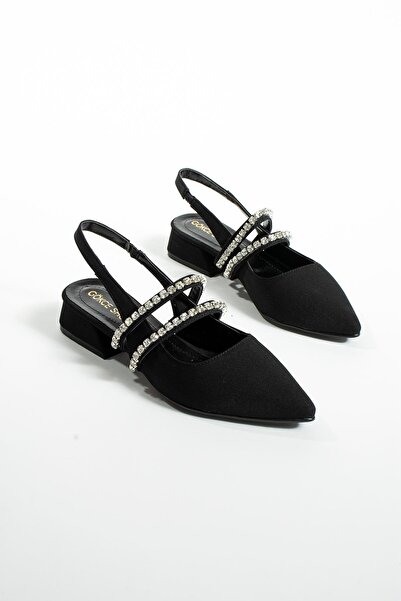 Gökçe Shoes Loa Siyah Taşli Şerit Detay Arka Lastikli Kadin Babet Ayakkabı