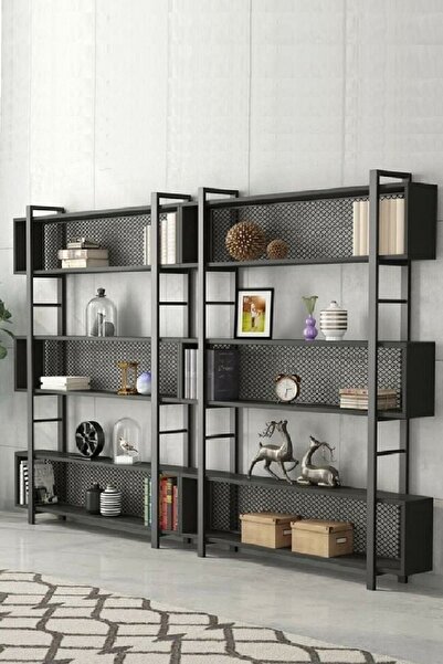 Plus aksesuar 3 Raflı Endüstriyel Tasarım Double Raf Kitaplık Kütüphane Dosya Rafı Aksesuar Rafı