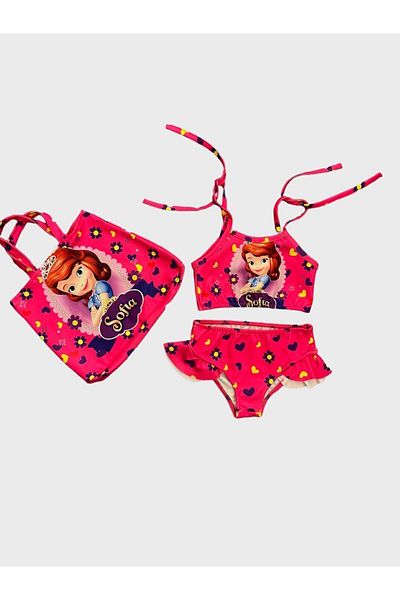 ALİŞ KİDS Pink Soffia Patterned Girl's Bikini Set - 3 Pieces, with Bag