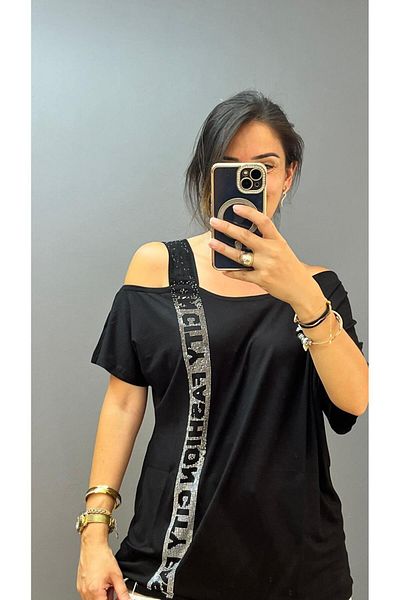 citycenterfashion Μπλούζα City Fashion με πέτρα με έναν ώμο σε μεγάλο μέγεθος - Χαμηλό μανίκι cty-cnd-06