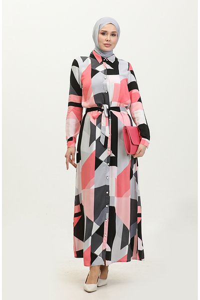 sefamerve Viscose Gray Pink Belted Buttoned Dress - 60403-01