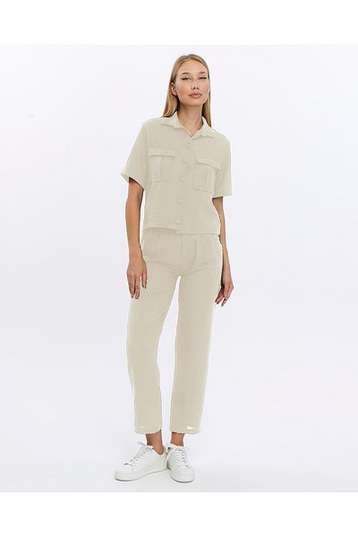İkmal Beige Linen Set - Shirt, Jacket and Pants Women