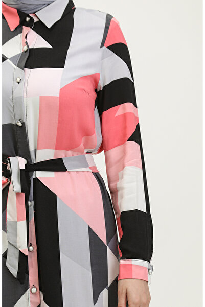 sefamerve Viscose Gray Pink Belted Buttoned Dress - 60403-01