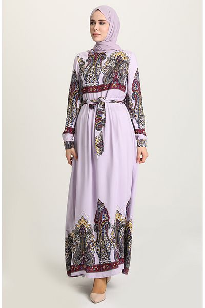 sefamerve Lilac Viscose Dress - Patterned and Belted 60199-03