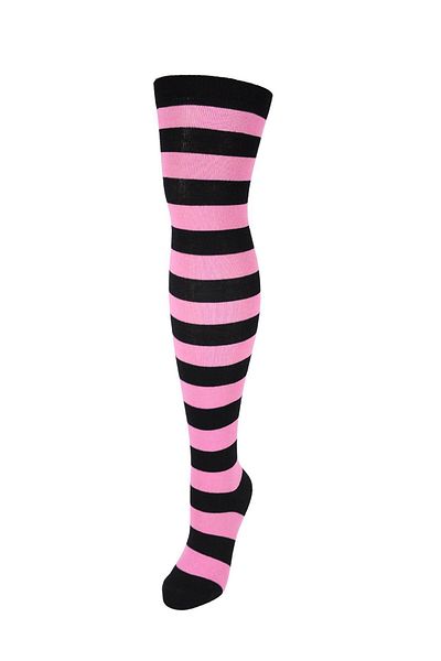 Design Socks Дамски черно-розови раирани памучни чорапи над коляното - Дизайнерски чорапи