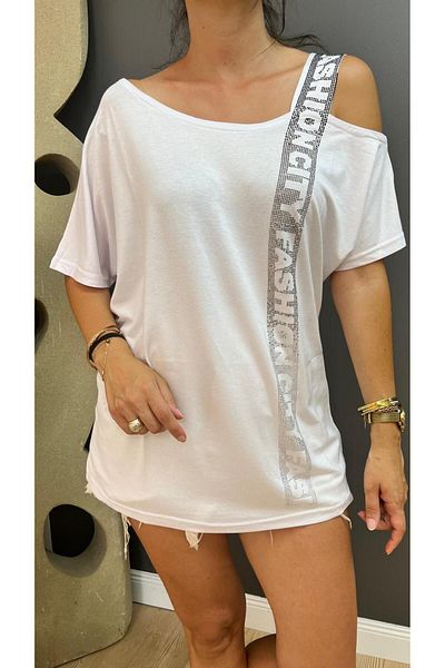 citycenterfashion Plus Size One-Shoulder Stone Detailed City Fashion Blouse - Low Sleeve cty-cnd-06