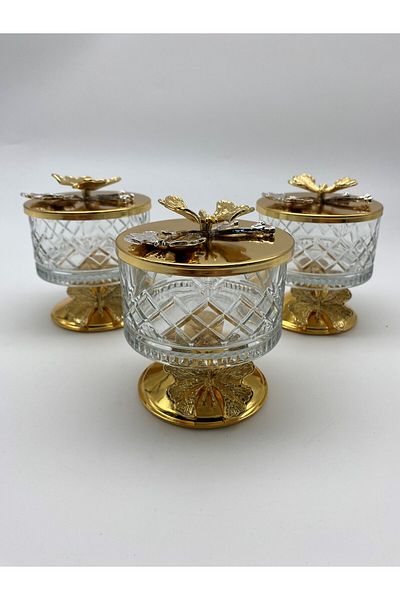Fiyakalı Ürünler Atölyesi Gold Timeless Glass Magnolia 3-Piece Bowl - Butterfly Lid, Ice Cream and Sugar Bowl Snack Bowl