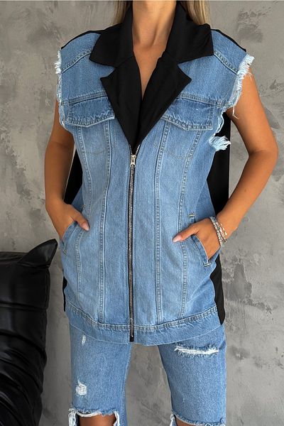 FEMELLE Vestă de blugi lungă cu fermoar albastru - buzunar dublu și detaliu din material textil