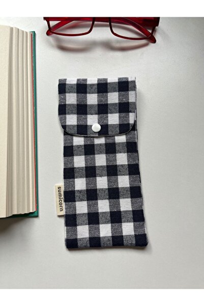 Sumicorn Design Navy Blue Gingham Washable Linen Snap Detailed Glasses Case G...