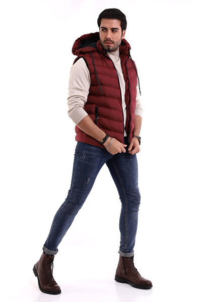 B.HE.Z Men's Inflatable Vest Y20 Gel Padding - Removable Zipper, Hooded, Water Repellent Claret Red