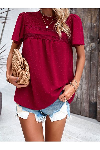 DY By Styli Swiss Dot Smocked High Neck Blouse