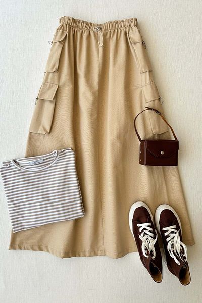 Ceylan Otantik Cream Tunic and Skirt Set - Milk Brown Striped with Cargo Pockets