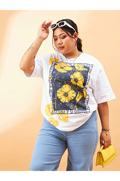 Sassafras By Styli Plus Floral Graphic Print Drop Shoulder T-Shirt