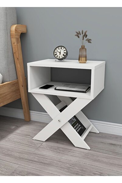 Enda Home X Ayaklı Dergilikli Başucu Komodin Yan Sehpa Sade Beyaz