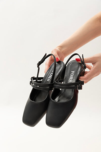 FORS SHOES Kadın Kare Burun Çift Kemer Detaylı Arkası Açık Topuklu Ayakkabı Siyah Cilt 3,5 cm