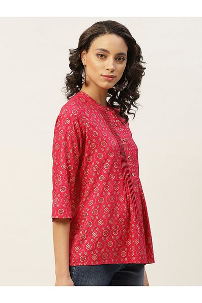 Sassafras By Styli Floral Foil Print Pleated Button Detail Top